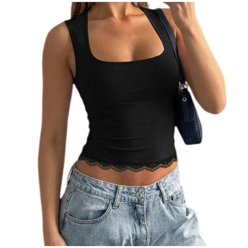 救い主流行り物 レディース トップス プルオーバー Vのど首 肋材 スピード競技 Yesfashion Women Lace Camisole V Neck Wide Strap Soft Ribbed Tank Tops Black 黒いこと