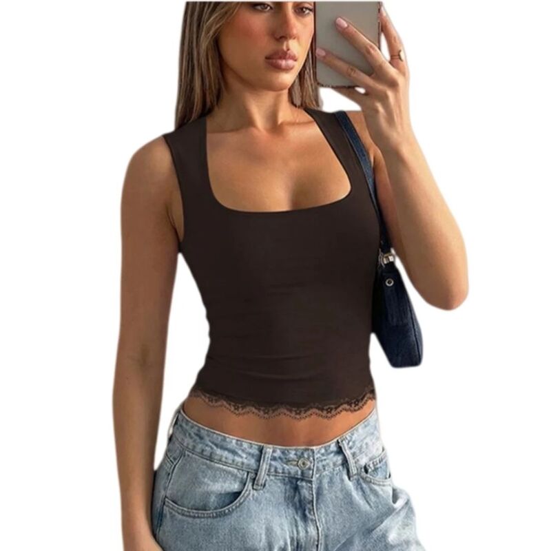 救い主流行り物 レディース トップス プルオーバー Vのど首 肋材 スピード競技 Yesfashion Women Lace Camisole V Neck Wide Strap Soft Ribbed Tank Tops Coffee 珈琲