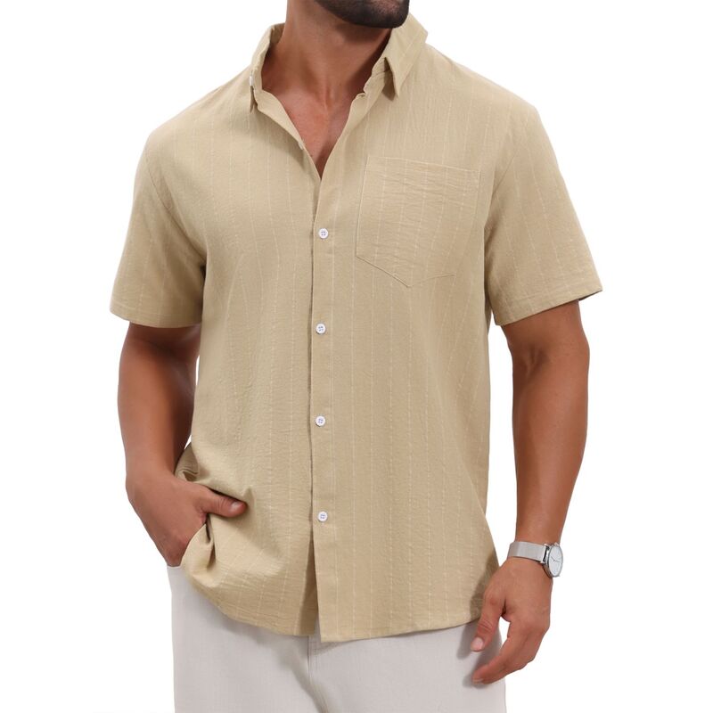 インスパイア シック レディース トップス Tシャツ ボタンダウン リネン INSPIRE CHIC Men's Point Collar Short Sleeve Button Down Casual Stripes Linen Shirts Khaki カーキ｜ReVida 店