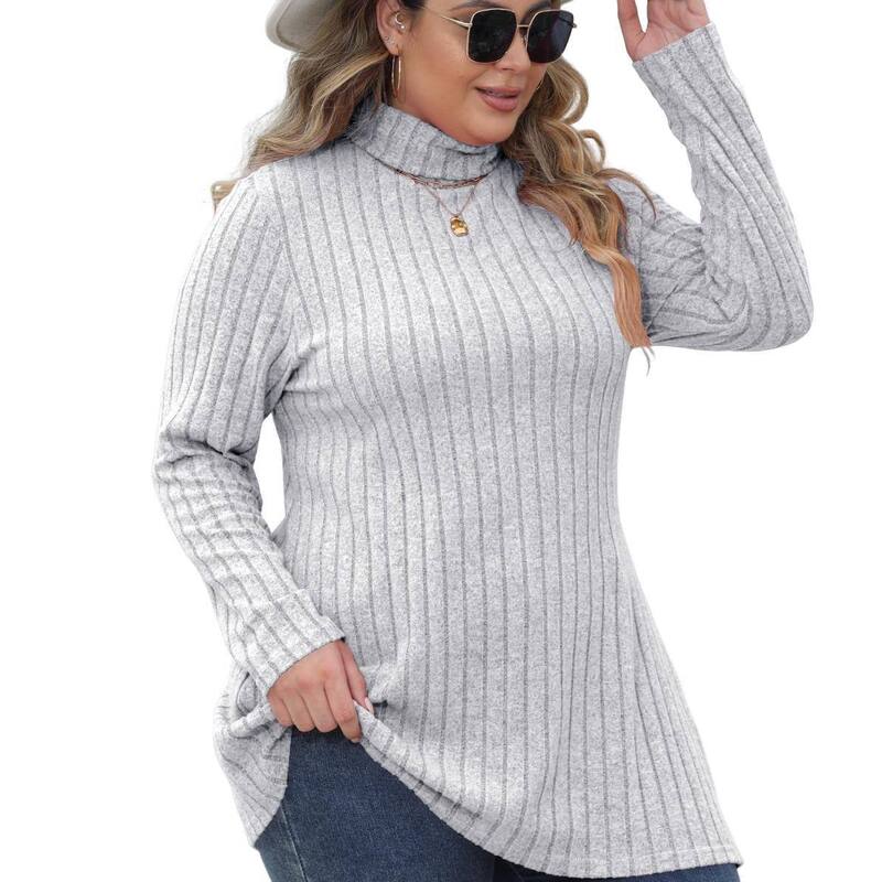 セオリア レディース アウター ニット・セータートルネック 足し加える大きさ 肋材 Seoria Women Turtleneck Plusize Sweaters Long Sleeve Ribbed Knit Pullover Sweater Side Split Jumper Gray 薄墨色