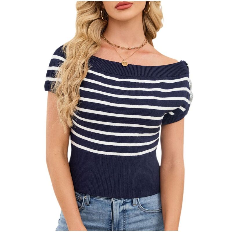 エリート肝ったま レディース アウター 編み物・スウェーター プルオーバー クロップド トップ EliteSpirit Women\u0027s Off Shoulder Striped Knitopshort Sleeve Side Button Cropped Blouses Color Block Shirts Blue 青色