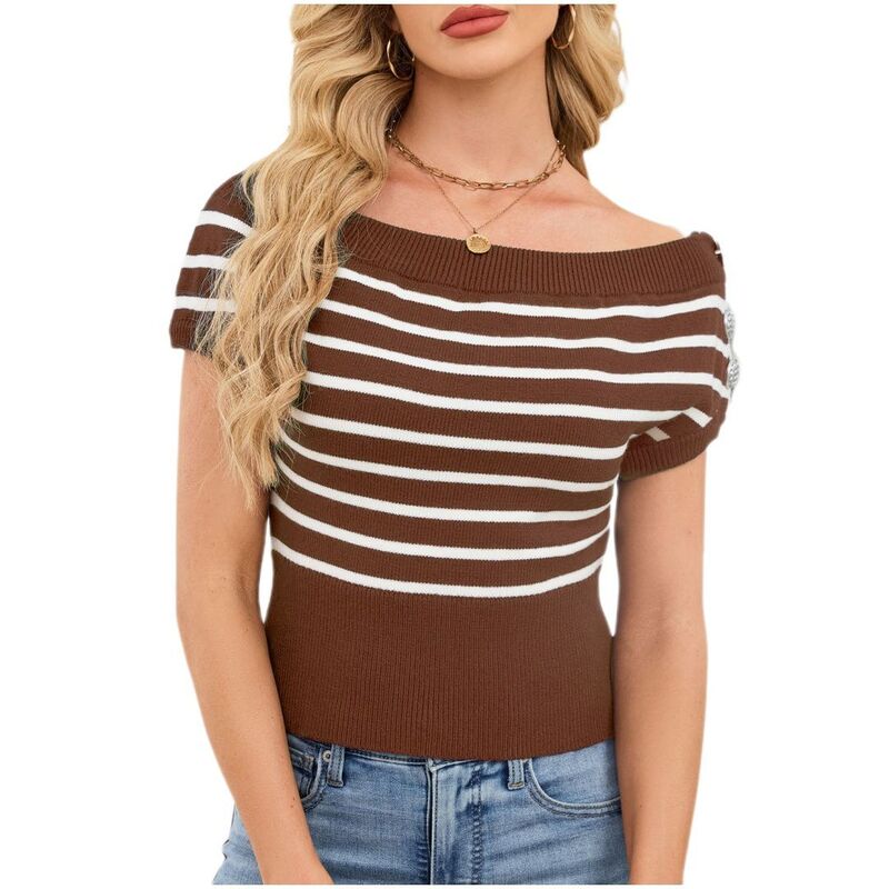 エリート肝ったま レディース アウター 編み物・スウェーター プルオーバー クロップド トップ EliteSpirit Women\u0027s Off Shoulder Striped Knitopshort Sleeve Side Button Cropped Blouses Color Block Shirts Brown 赤銅色