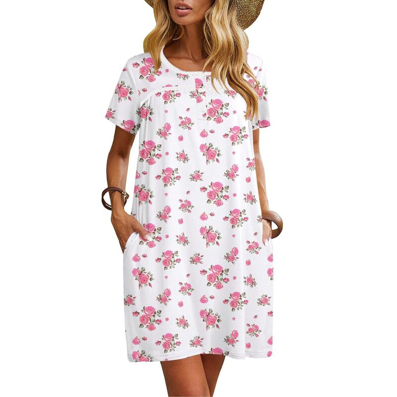 エコアー レディース アンダーウェア ナイトウェア シャツ Ekouaer Womenightgownshort Sleeve Sleepwear Soft Pajama Dressleep Shirt Nightshirt White Pink Print ホワイト｜ReVida 店