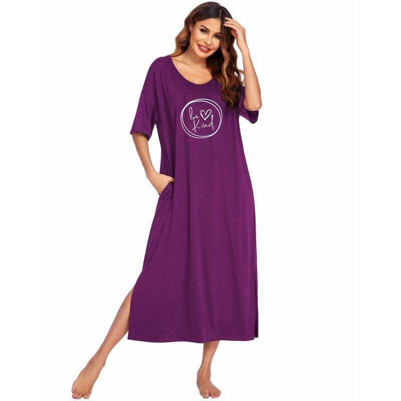 エコアー レディース アンダーウェア ナイトウェア プラスサイズ Ekouaer Long Nightgown for Women Short Sleeve Sleepwear Plusize Loungewear with Pockets Wineberry Heart|ReVida 店