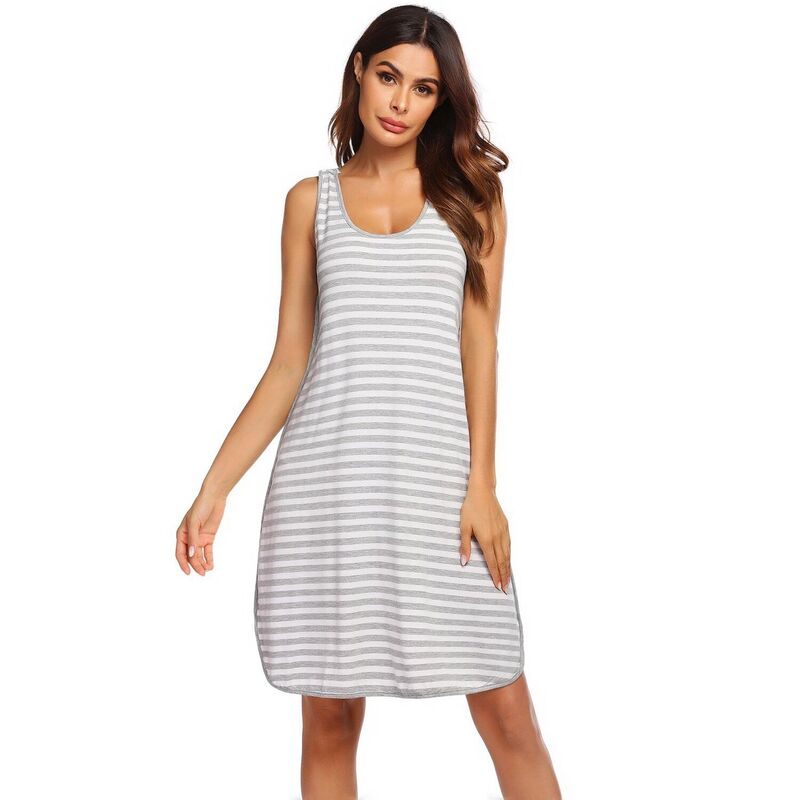 エコアー レディース アンダーウェア ナイトウェア シャツ ノースリーブ マタニティ Ekouaer Womens 1 Nursing Dressleeveless Nightdress Maternity Nightgownightshirt with Snap Grey Striped グレー｜ReVida 店