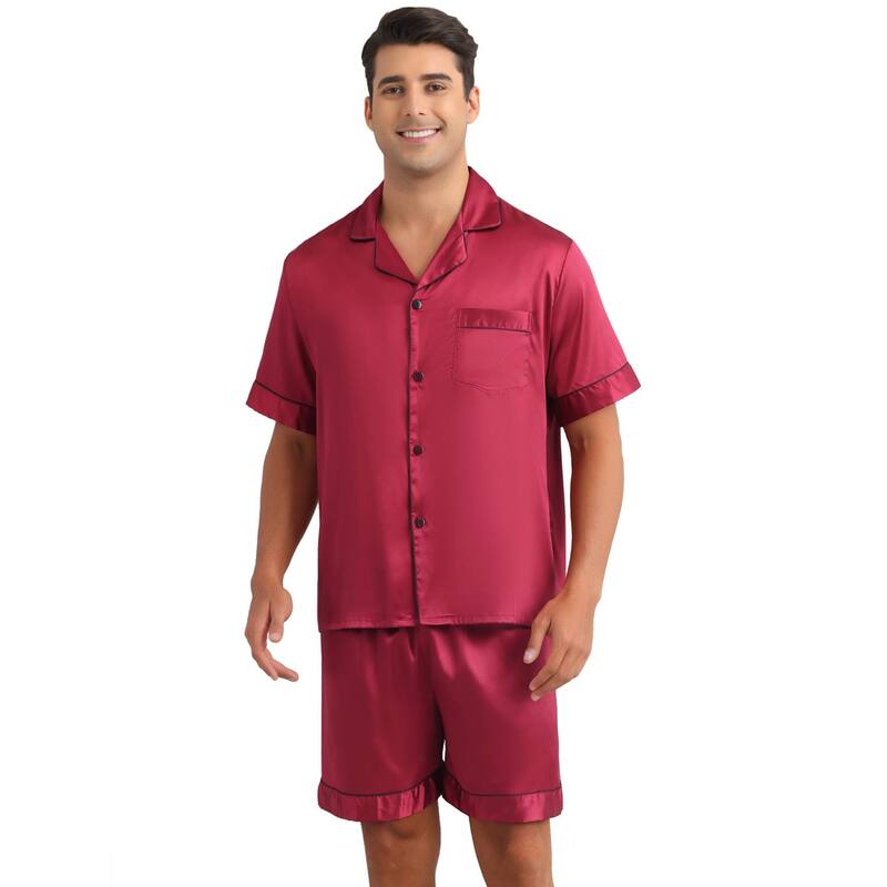 インスパイア シック レディース アンダーウェア ナイトウェア ボタンダウン ショートパンツ サテン ダウン INSPIRE CHIC Men'satin Sleepwear Short Sleeve Button Downightwear Shortsummer Pajamaset 2 Pieces Red レッド|ReVida 店