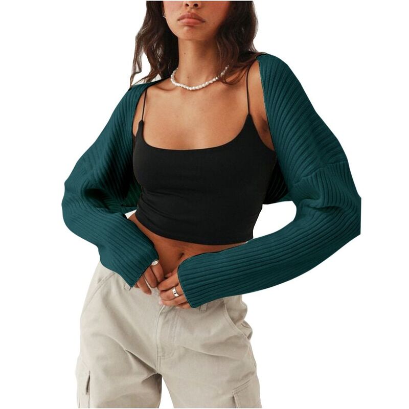 イエスファッション レディース アウター ニット・セーター リブ カーディガン Yesfashion Women Open Front Ribbed Knit Crop Bolero Long Sleeve Solid Loose Fit Knitted Crop Cardigan Shrug Dark Green グリーン|ReVida 店