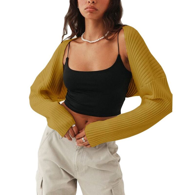 イエスファッション レディース アウター ニット・セーター リブ カーディガン Yesfashion Women Open Front Ribbed Knit Crop Bolero Long Sleeve Solid Loose Fit Knitted Crop Cardigan Shrug New Mustard Yellow イエロー|ReVida 店