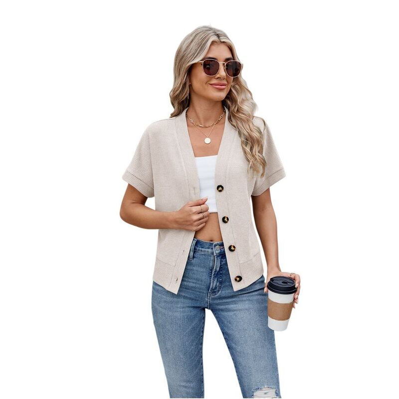 イエスファッション レディース アウター ニット・セーター Vネック カーディガン Yesfashion Women Short Sleeve Cardigan Sweaters for Women Lightweight Knit Button Up V Neck Apricot アプリコット|ReVida 店
