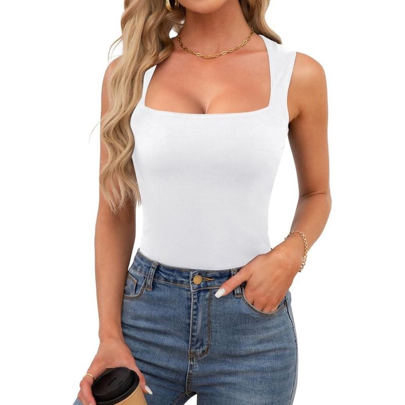 イエスファッション レディース トップス Tシャツ ノースリーブラウス Yesfashion Women'square Neck Tank Tops Dressy Summer Sleeveless Going Out Fitted T Shirts Blouses White ホワイト｜ReVida 店