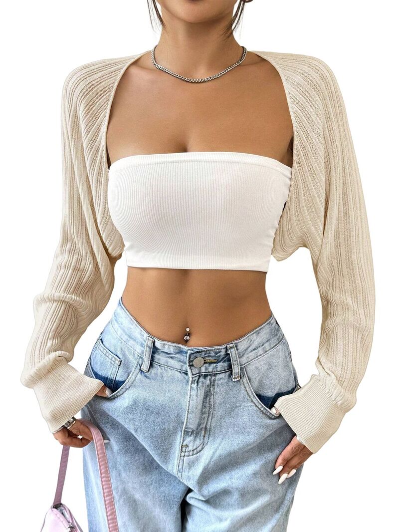 ファンジュライ レディース アウター 編み物・スウェーター ジレー クロップド FUNJULY Women\u0027shrug Cardigan Long Sleeve Open Front Cropped Bolero Arm Tops Apricot 杏