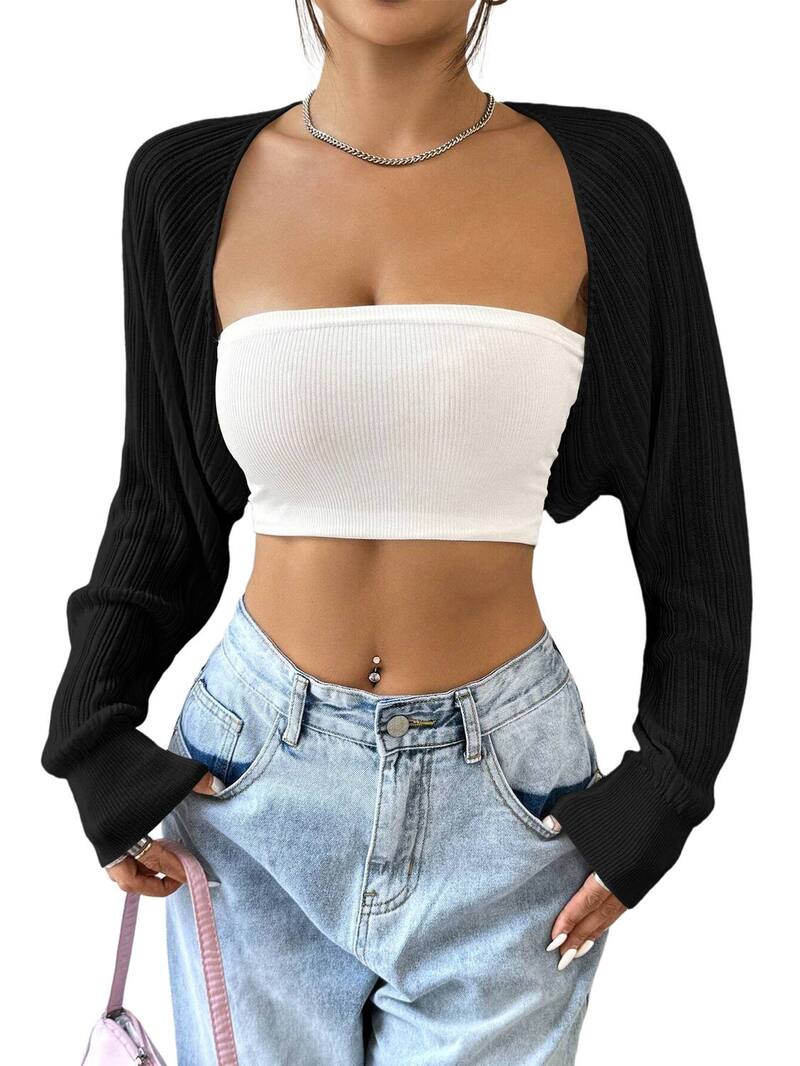 ファンジュライ レディース アウター 編み物・スウェーター ジレー クロップド FUNJULY Women\u0027shrug Cardigan Long Sleeve Open Front Cropped Bolero Arm Tops Black 黒いこと