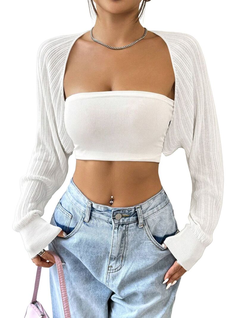 ファンジュライ レディース アウター 編み物・スウェーター ジレー クロップド FUNJULY Women\u0027shrug Cardigan Long Sleeve Open Front Cropped Bolero Arm Tops White 白いこと