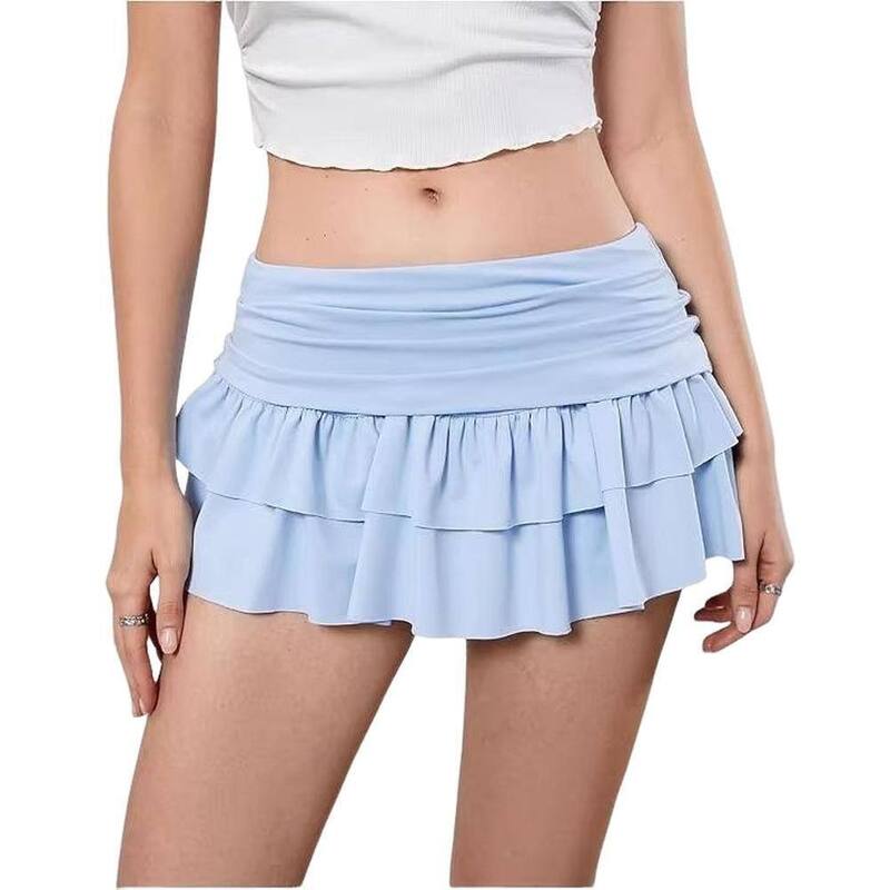 イエスファッション レディース ボトムスカート ティアード A ライン フリル ミニ Yesfashion Women's Mini Skirt Solid Color A-Line Layered Flowy Ruffle Tiered Short Skirt Blue ブルー|ReVida 店
