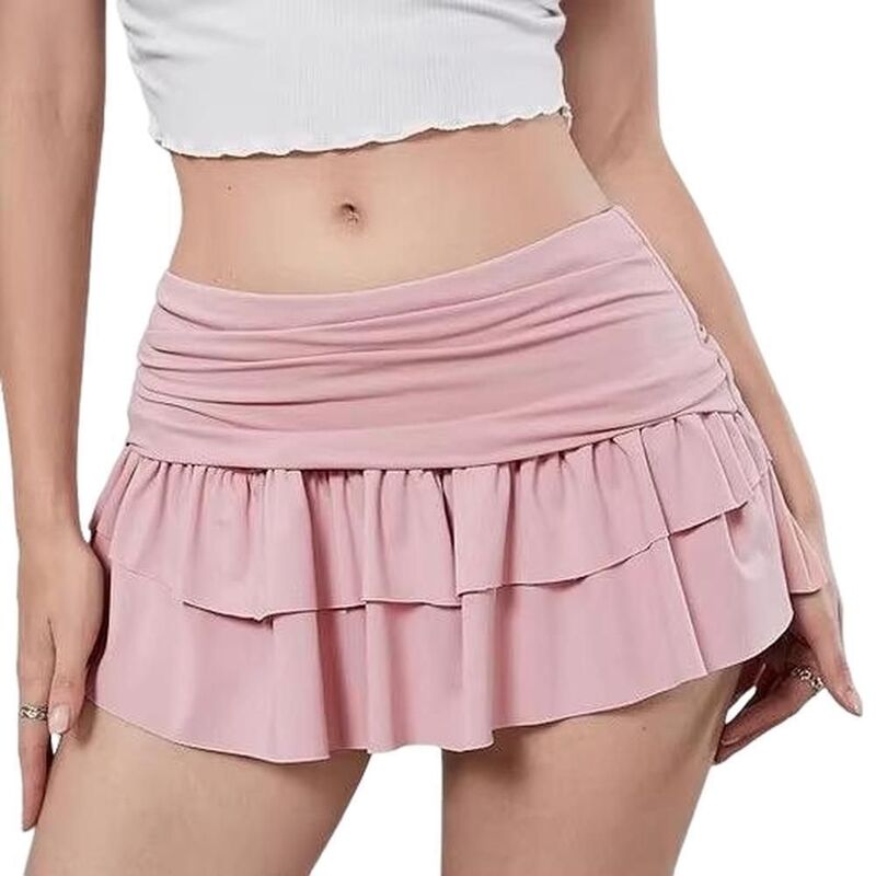 イエスファッション レディース ボトムスカート ティアード A ライン フリル ミニ Yesfashion Women's Mini Skirt Solid Color A-Line Layered Flowy Ruffle Tiered Short Skirt Pink ピンク｜ReVida 店