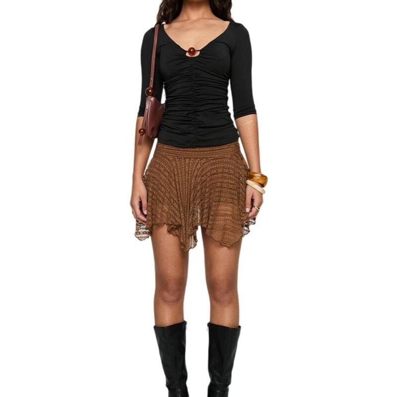 イエスファッション レディース ボトムスカート ハイウエスト プリーツ フリル ミニ レース Yesfashion Women Y2K Lace Mini Ruffle Pleated Layered Cute High Waist Half Slip Skirt Brown ブラウン｜ReVida 店