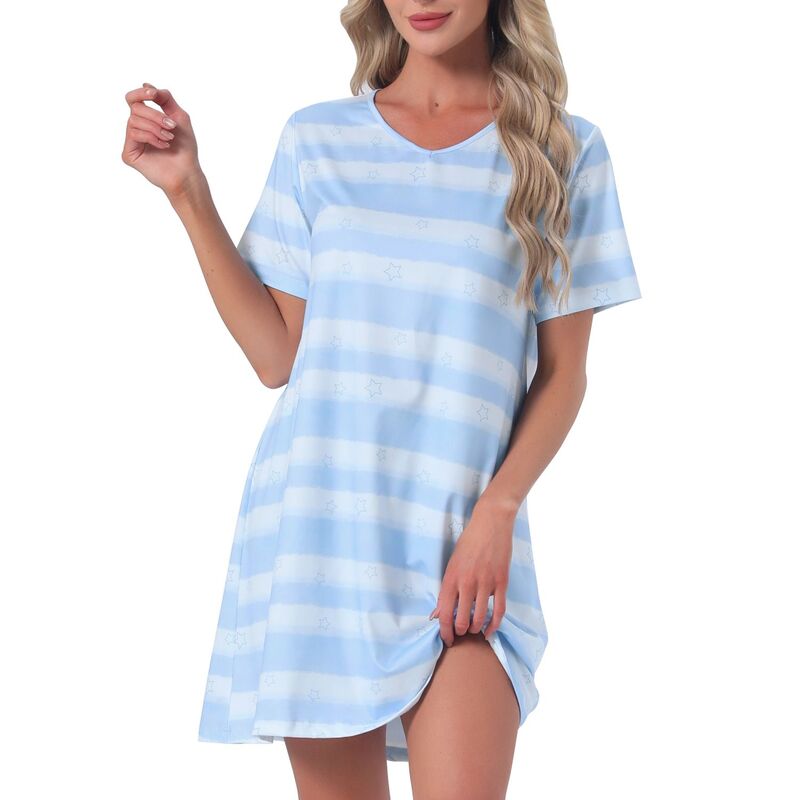 インスパイア シック レディース アンダーウェア ナイトウェア プリント シャツ INSPIRE CHIC Women's Nightgown Short Sleeve Printed Sleepwear Sleepshirts Cute Night Shirtstretchy Pajama Dress Light Blue ブルー｜ReVida 店