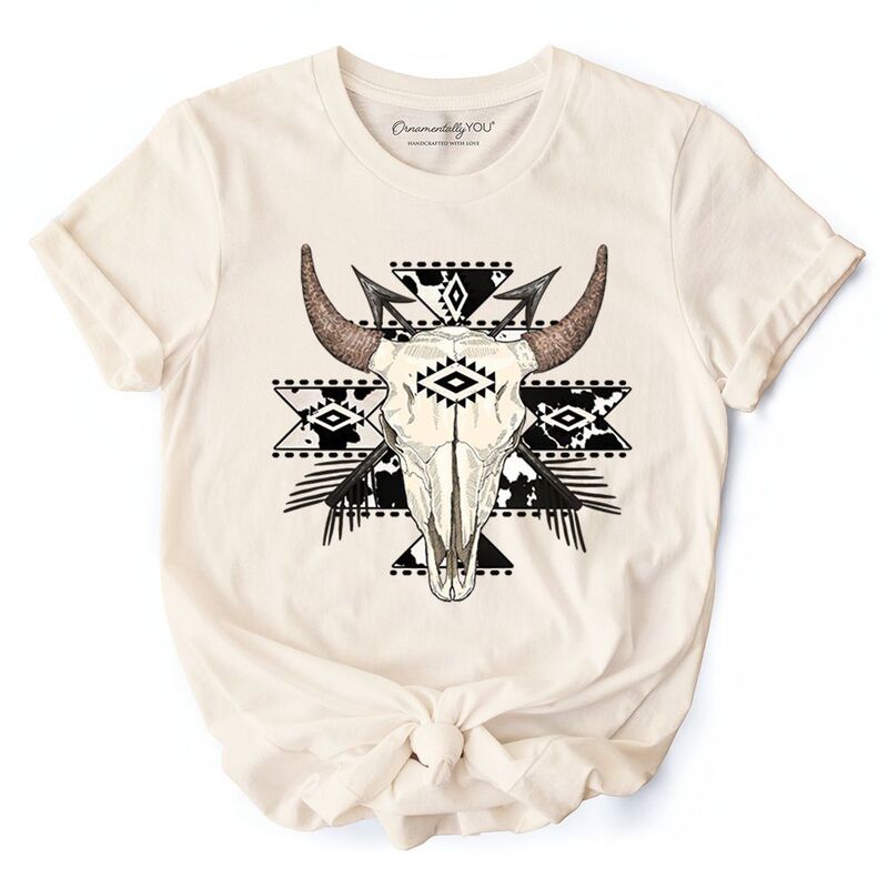 オーナメンタリー ユー レディース トップス プルオーバー OrnamentallyYou Bull Skull T-Shirt Western Boho Tee Natural