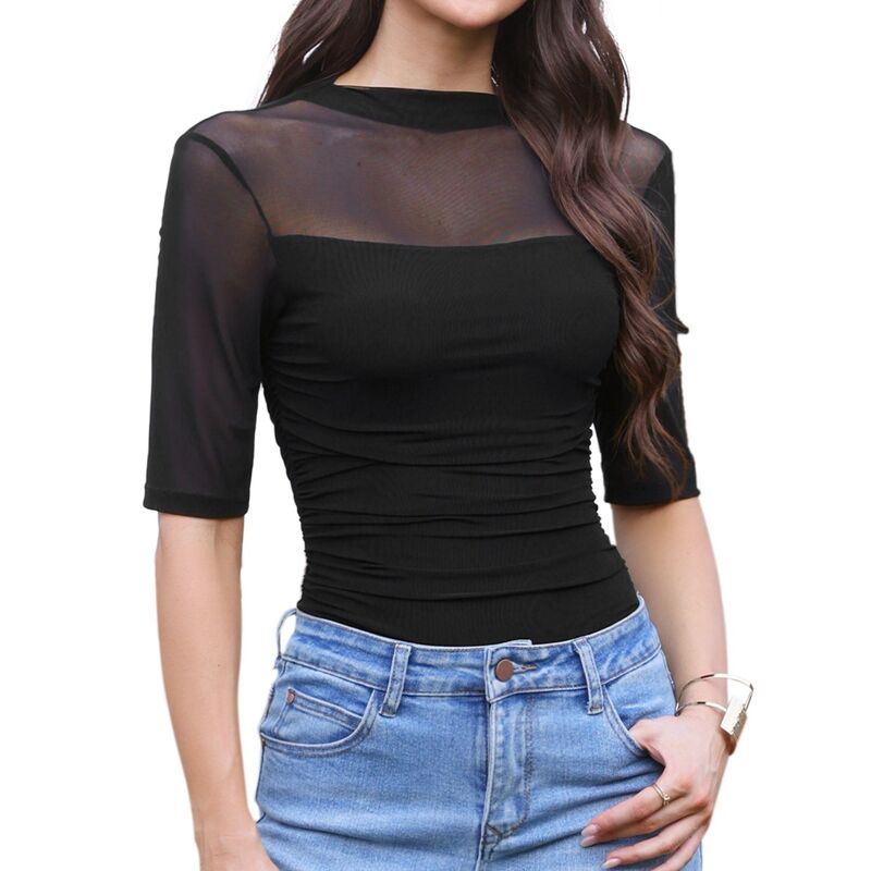 インスパイア 今めかしい レディース トップス ワンピースリムフィット ギャザー メッシュ 飛び降りる背広 INSPIRE CHIC Mesh Jumpsuit for Women\u0027s Party See Through Ruched Slim Fit Half Sleeve Club Corset Black 黒いこと