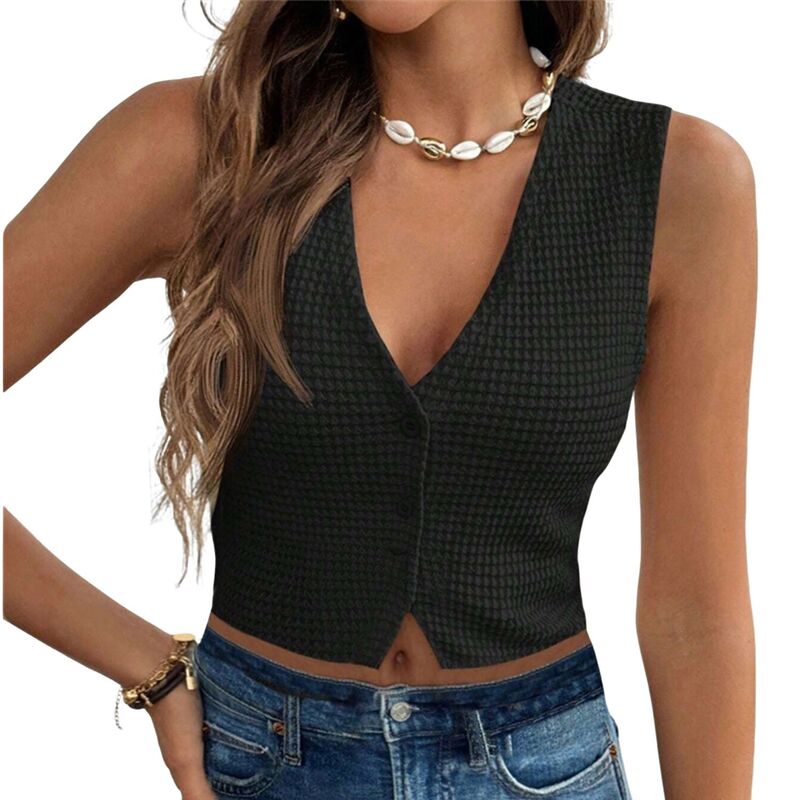 エリートスピリット レディース トップス シャツ Vネック ベスト ノースリーブ クロップド ニット EliteSpirit Women's Waffle Knit Cropped Vest V Neck Button Sleevelessummer Casual Slim Shirt Softop Black ブラック｜ReVida 店