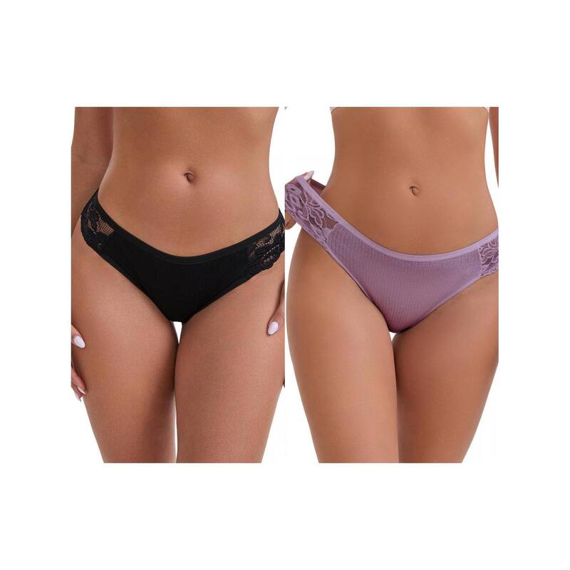 インスパイア 今めかしい レディース アンダー御召しもの ズボン下 ローライズ 肋筋 スピード競技 INSPIRE CHIC 2 Packs Women\u0027s Lace Low Rise Hip-Lifting Ribbed Briefs Comfortable Breathable Panties Black Purple 黒いこと