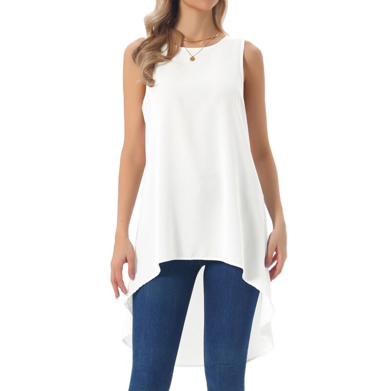 インスパイア シック レディース トップス シャツ クルーネック アシンメトリー ノースリーブラウス INSPIRE CHIC Women's Casual High Low Blouse Sleeveless Crewneck Asymmetrical Hem Flowy Tops White ホワイト｜ReVida 店