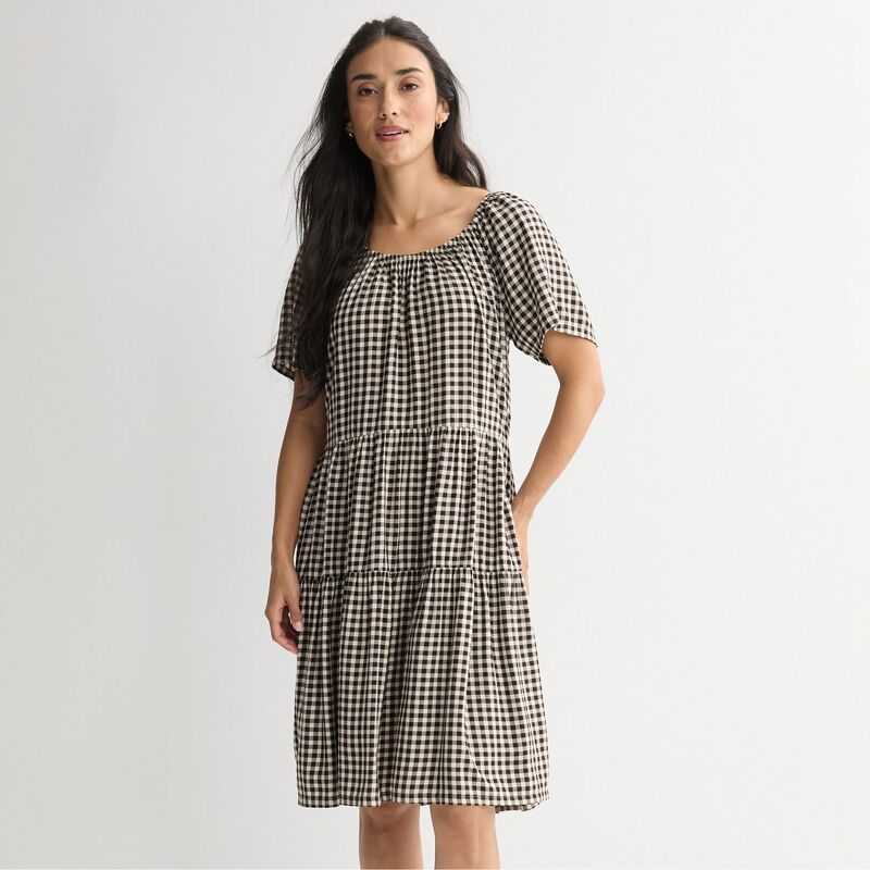 ソノマ レディース トップス 衣装 ティアード プチ Petite Sonoma Goods For Life Scoop Neck Tieredress Brownatural Check 赤銅色