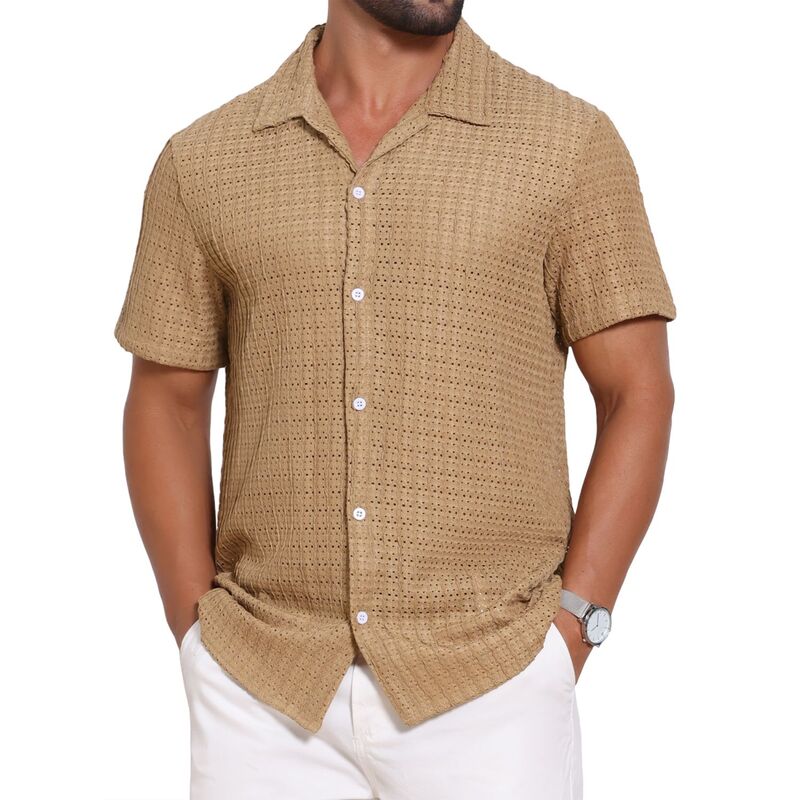 インスパイア シック レディース トップス Tシャツ ニット INSPIRE CHIC Men's Texture Shirtshort Sleeve Hollow Out Casual Knitted Shirt Khaki カーキ｜ReVida 店