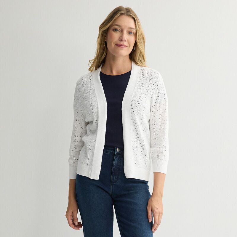 クロフト＆バロー レディース アウター ニット・セーター プチ カーディガン Petite Croft & Barrow All-Over Braid Pointelle Sweater Cardigan Bright White ホワイト｜ReVida 店