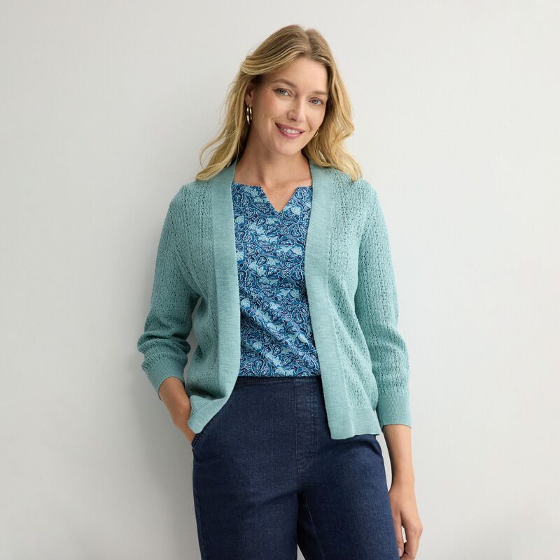 クロフト&バロー レディース アウター ニット・セーター プチ カーディガン Petite Croft & Barrow All-Over Braid Pointelle Sweater Cardigan Calder Blue ブルー|ReVida 店