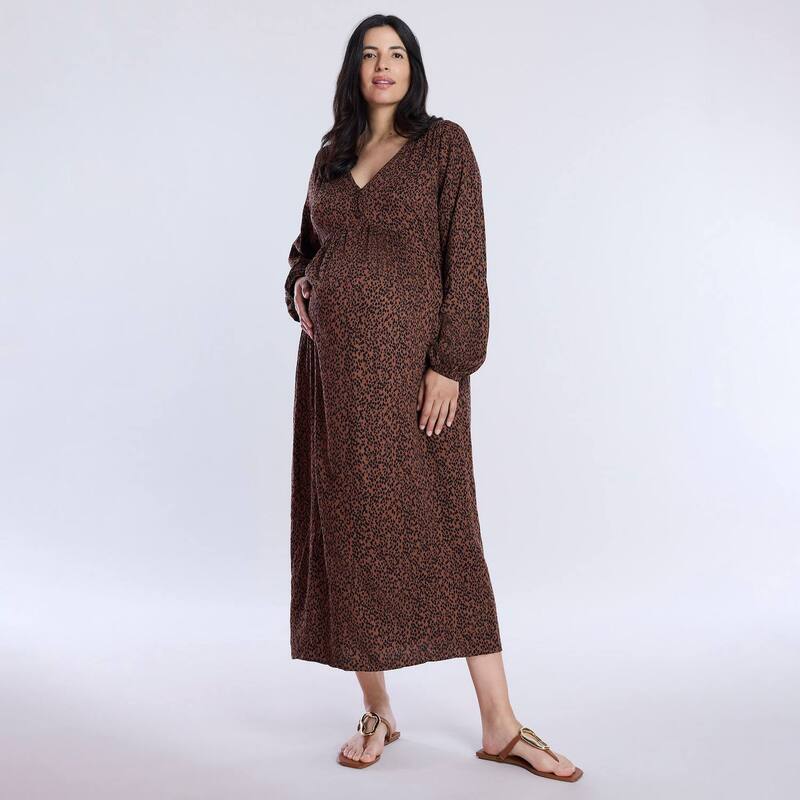 マザーフッド レディース トップス 衣装 midi マタニティ Maternity Motherhood Button Front Midi Dress Brown Animal 赤銅色