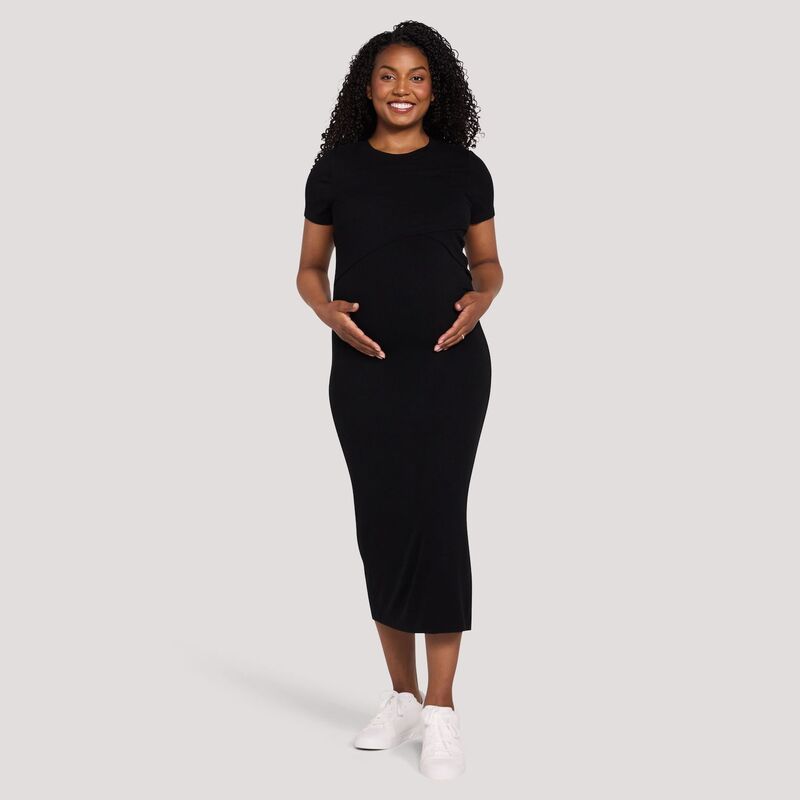 マザーフッド レディース トップス 衣装 労働者の一団素っ首 Women\u0027s Motherhood Crew Neck Dress with Cross Over Detail Black 黒いこと