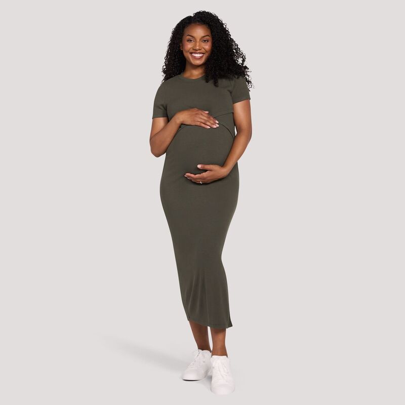 マザーフッド レディース トップス 衣装 労働者の一団素っ首 Women\u0027s Motherhood Crew Neck Dress with Cross Over Detail Olive オリーブ