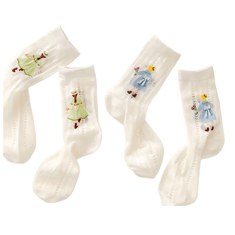 アンナカシ レディース アンダーお召しもの ソックス シアー Anna-Kaci 2-Pair Sheer Crew Socks with Illustrated Girl Motif Soft Stretch Fabric and Lightweight Dressy Multicolors マルチ色合い