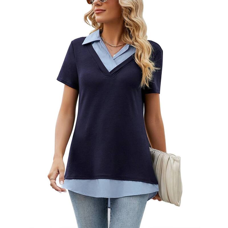 クリアフラワー レディース トップス シャツ Vネック パッチワーク コントラスト ブラウス ClearFlower Women'short Sleeve V-Neck Contrast Collared Shirts Patchwork Blouse Tunics Tops Navy Blue And Blue ネイビー|ReVida 店