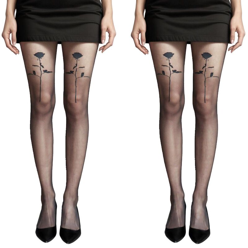 アンナカシ レディース アンダーお召しもの ソックス 御花柄 刷り上げる シアー 御花 Anna-Kaci 2pcs Women\u0027sheer Tights with Bold Floral Thigh Print Design Black 黒いこと