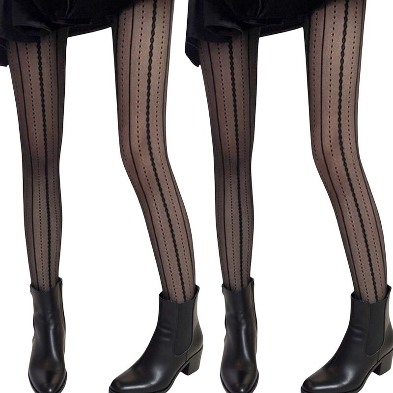 アンナカシ レディース アンダーお召しもの ソックス シアー Anna-Kaci 2pcs Women\u0027sheer Vertical Stripe Tights with Scalloped Pattern Detailing and Stretch Fit Black 黒いこと