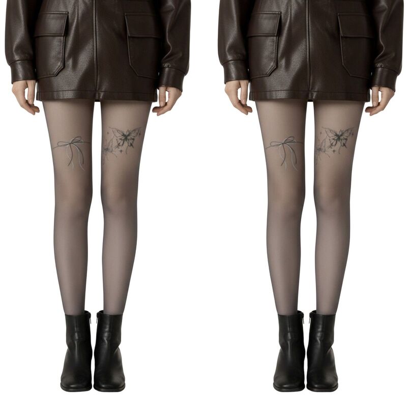アンナカシ レディース アンダーお召しもの ソックス 刷り上げる シアー Anna-Kaci 2pcs Women\u0027sheer Fullength Tights with Bow and Butterfly Thigh Print and Soft Stretch Fit Black 黒いこと