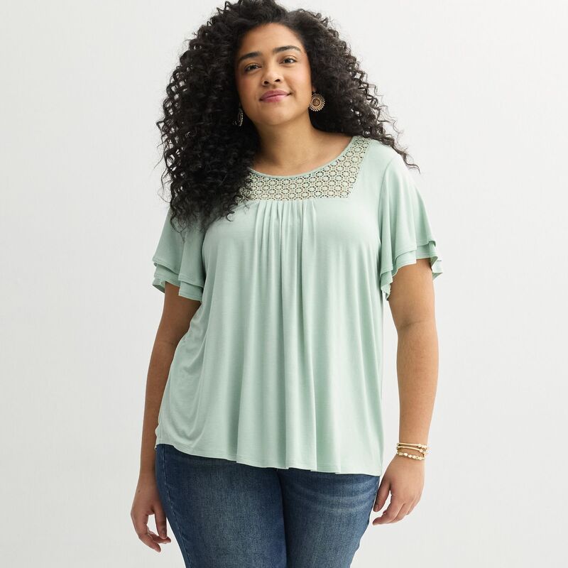 アプトナイン レディース トップス プルオーバー 足し加える大きさ 筋目 Plusize Apt. 9 Mix Media Crochet Pleated Top Frosty Green 緑であること