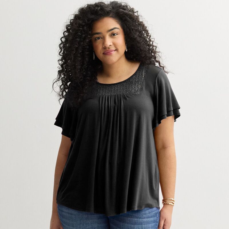 アプトナイン レディース トップス プルオーバー 足し加える大きさ 筋目 Plusize Apt. 9 Mix Media Crochet Pleated Top Jet Black 黒いこと