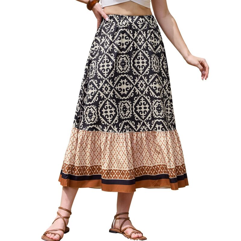 インスパイア 今めかしい レディース 下つ方スコート A 生産ライン 御機嫌酉の方角 マキシ INSPIRE CHIC Maxi Boho Skirt for Women\u0027s A-Line High Waist Vacation Color Block Skirts Black 黒いこと