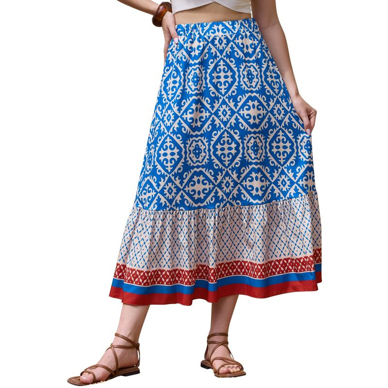インスパイア 今めかしい レディース 下つ方スコート A 生産ライン 御機嫌酉の方角 マキシ INSPIRE CHIC Maxi Boho Skirt for Women\u0027s A-Line High Waist Vacation Color Block Skirts Blue 青色