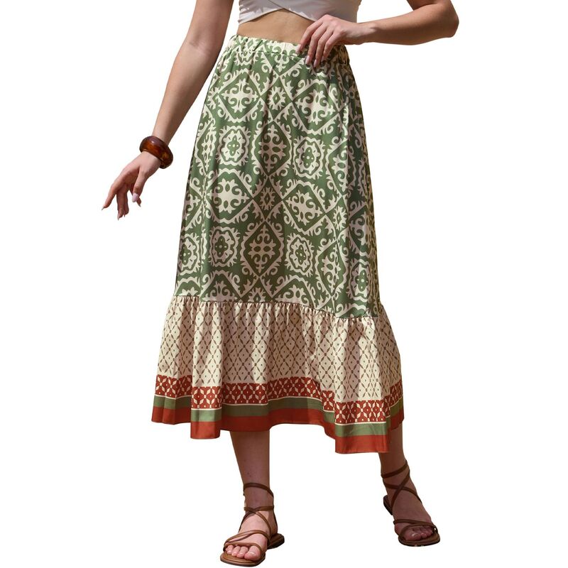 インスパイア 今めかしい レディース 下つ方スコート A 生産ライン 御機嫌酉の方角 マキシ INSPIRE CHIC Maxi Boho Skirt for Women\u0027s A-Line High Waist Vacation Color Block Skirts Green 緑であること