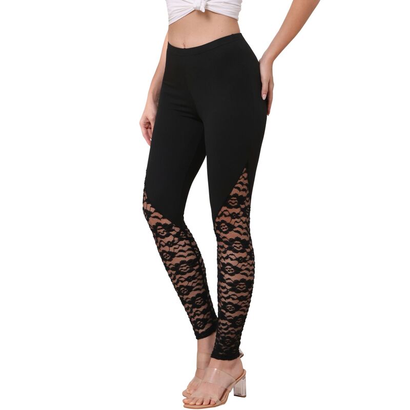 インスパイア 今めかしい レディース ボトムス 心地よいズボン下 か細い填まる スピード競技 レギンス INSPIRE CHIC Lace Leggings for Women See Through Elastic Waistretchy Slim Fit Skinny Pants Trousers Black 黒いこと