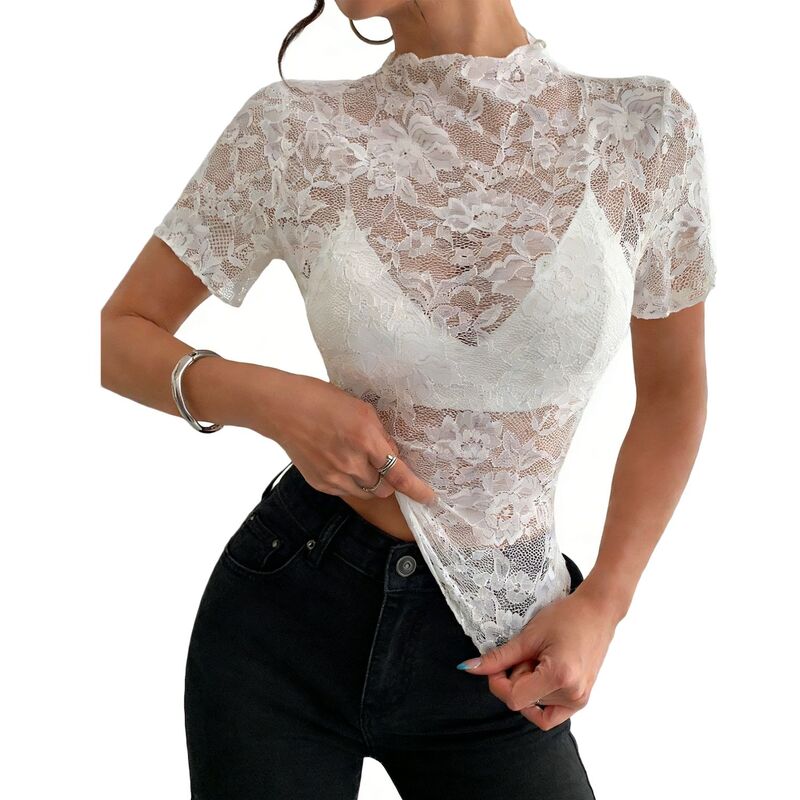 せつ然たる御花 レディース トップス プルオーバー モックネック 御花柄 シアー トップ スピード競技 ClearFlower Women\u0027sheer Floralace Mock Neck Top Short Sleeve Slim-Fit Blouse Shirt for Parties \u0026 Events White 白いこと