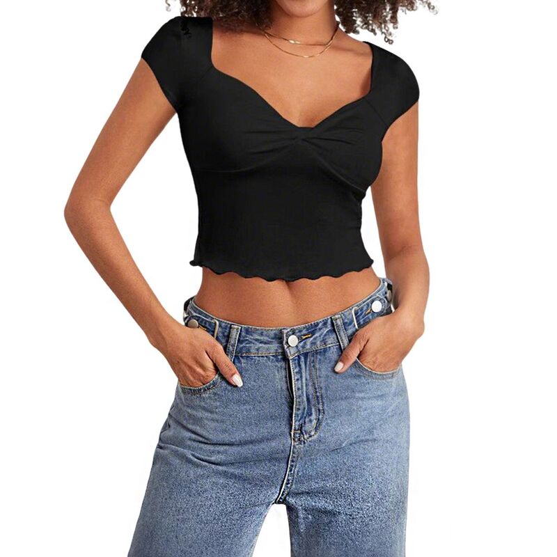 エリート肝ったま レディース トップス プルオーバー EliteSpirit Women\u0027sweetheart Neck Short Sleeve Twist Front Casual Summer Crop Top Black 黒いこと