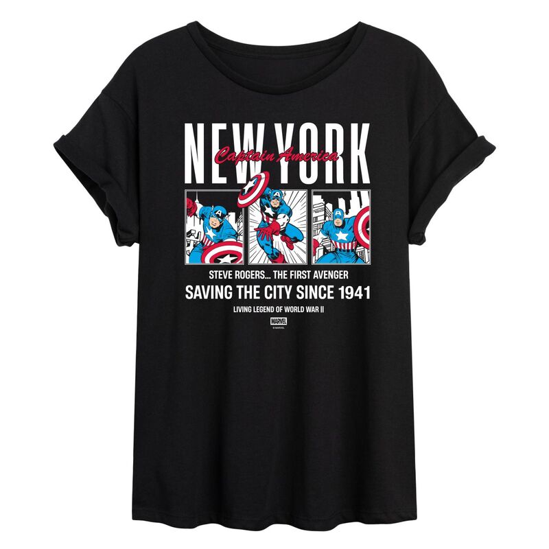 アニメ文字記号 レディース トップス プルオーバー 旗がしら Licensed Character Juniors\u0027 Marvel Captain America New York Comic Panels Oversized Tee Black 黒いこと