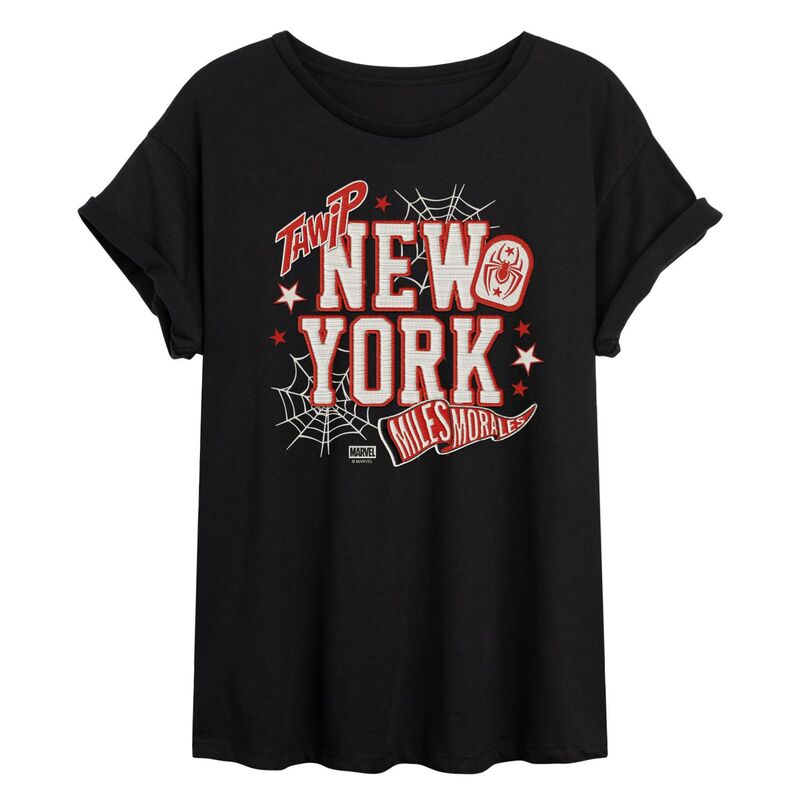 アニメ文字記号 レディース トップス プルオーバー Licensed Character Juniors\u0027 Marvel Miles Morales New York Oversized Tee Black 黒いこと