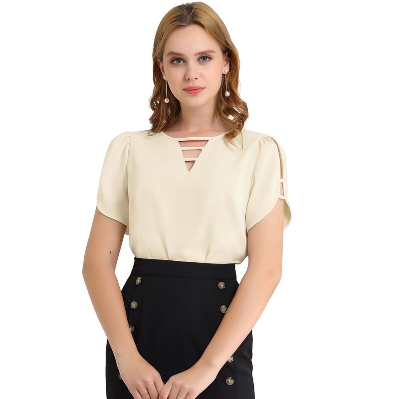 アレグラ ケー レディース トップス プルオーバー カットアウト 旗がしら ALLEGRA K Women\u0027s Cutout Round Neck Cap Sleeve Casual Top Ivory 象牙色