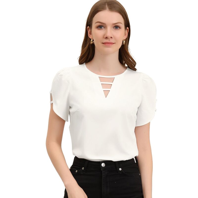 アレグラ ケー レディース トップス プルオーバー カットアウト 旗がしら ALLEGRA K Women\u0027s Cutout Round Neck Cap Sleeve Casual Top White 白いこと